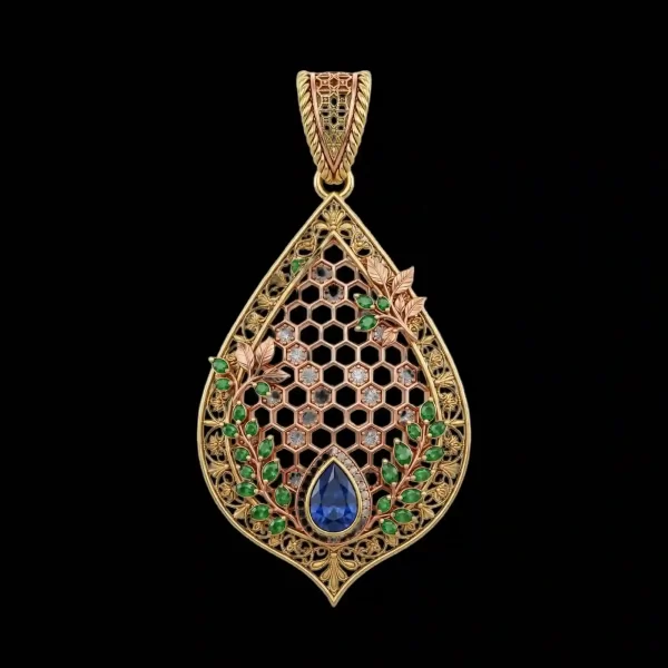 Teardrop Sapphire Emerald Vine Honeycomb Pendant