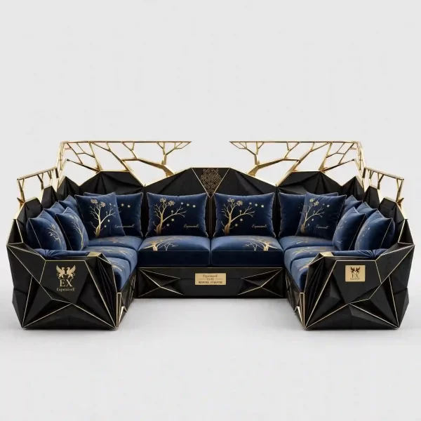 The Nocturne Royal Blue Gold Branch 14 Seater U-Shape Bespoke Sofa - ExpensiveE 01/01 Edition