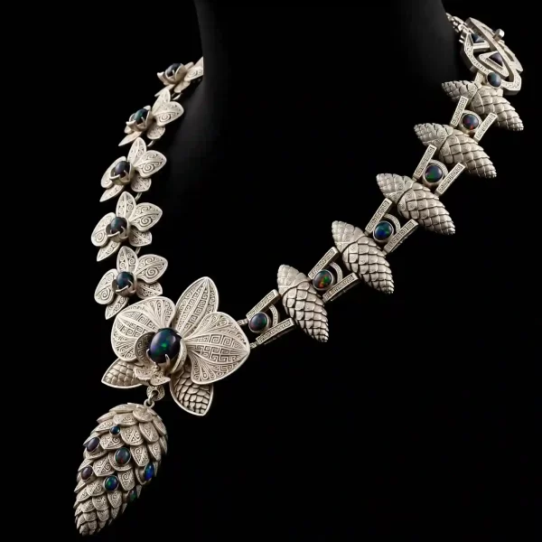 Orchid Pinecone Black Opal Platinum Necklace - Platinum Orchid Pinecone Black Opal Aztec Greek Drop