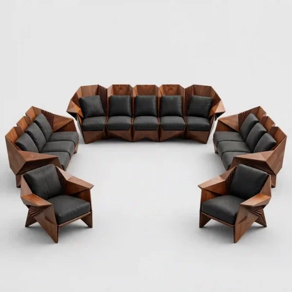 Origami Fold Luxury Sofa Set - Black Leather Walnut 5+4+4+1+1