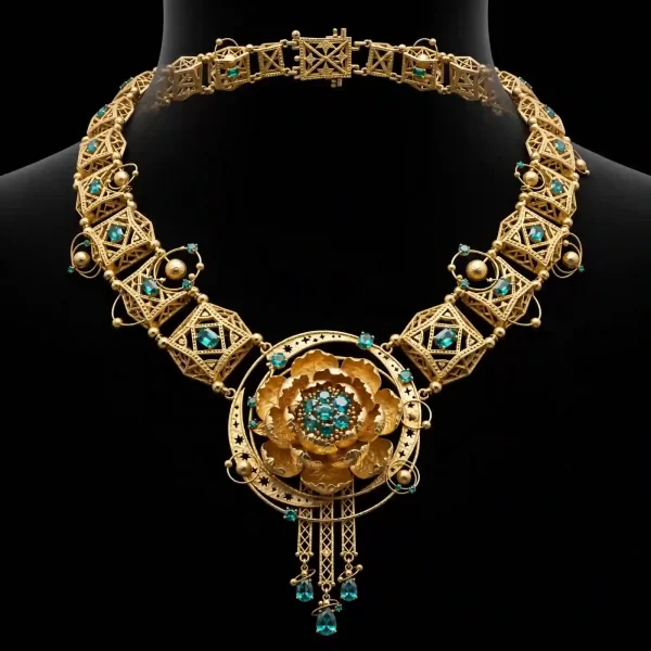 Peony Orbital Paraiba Gold Necklace - Gold Geometric Lattice Paraiba Peony Moon Star Tassel