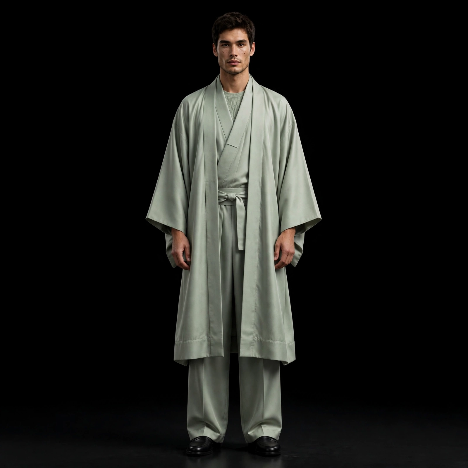 Men's Sage Green Kimono Robe Obi Belt Set
