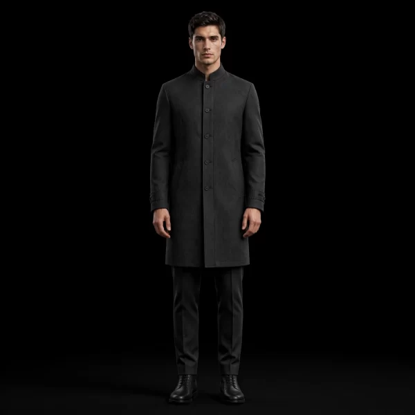 CHARCOAL BANDHGALA LONG COAT - 5 Button Mandarin Collar Achkan Coat Set - Buy charcoal dark grey Luxury Thobe Online