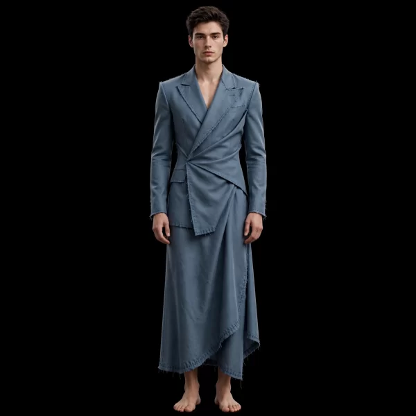 mens dusty blue origami fold blazer gown deconstructed wrap party dress