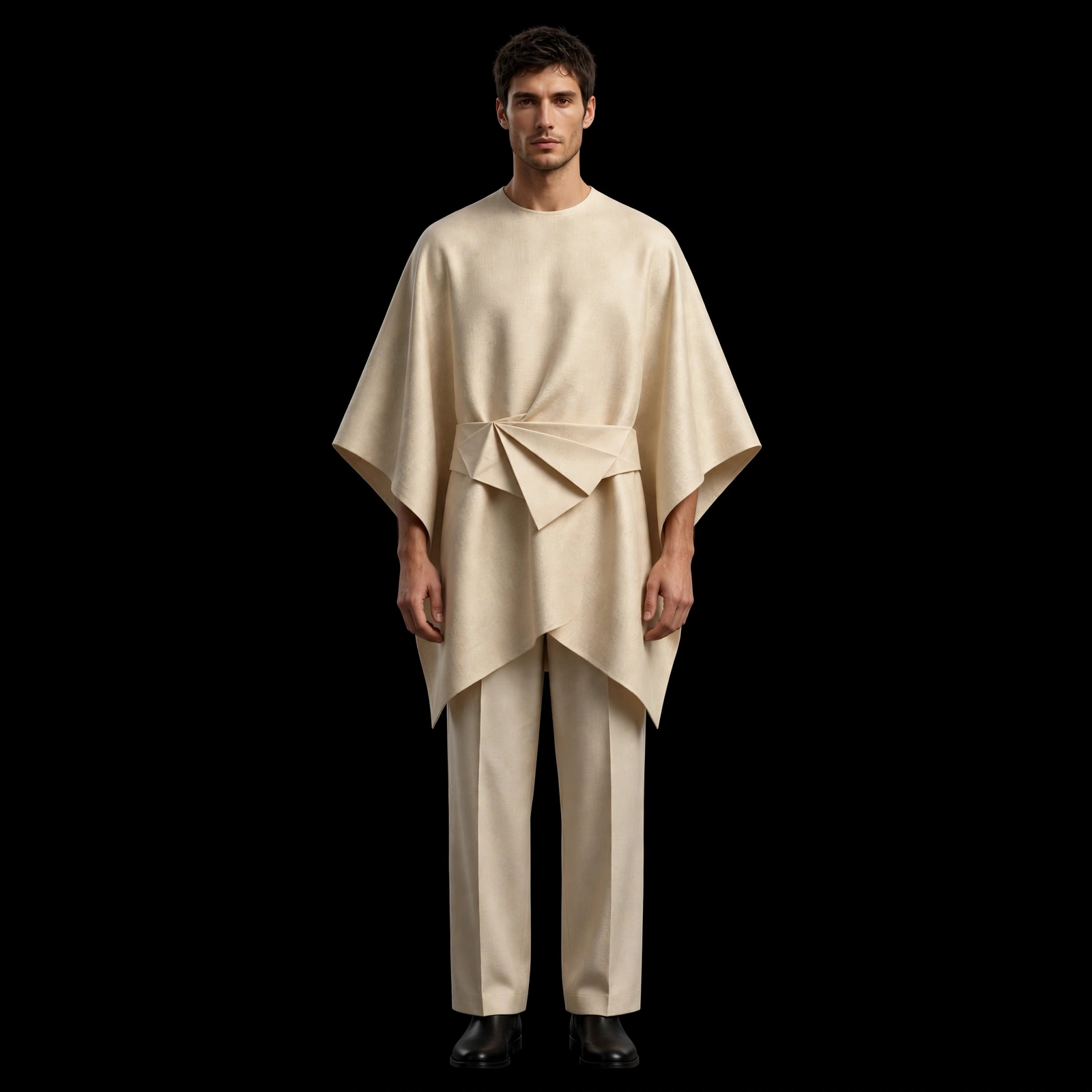 mens sand beige origami waist poncho set triangular fold asymmetric party