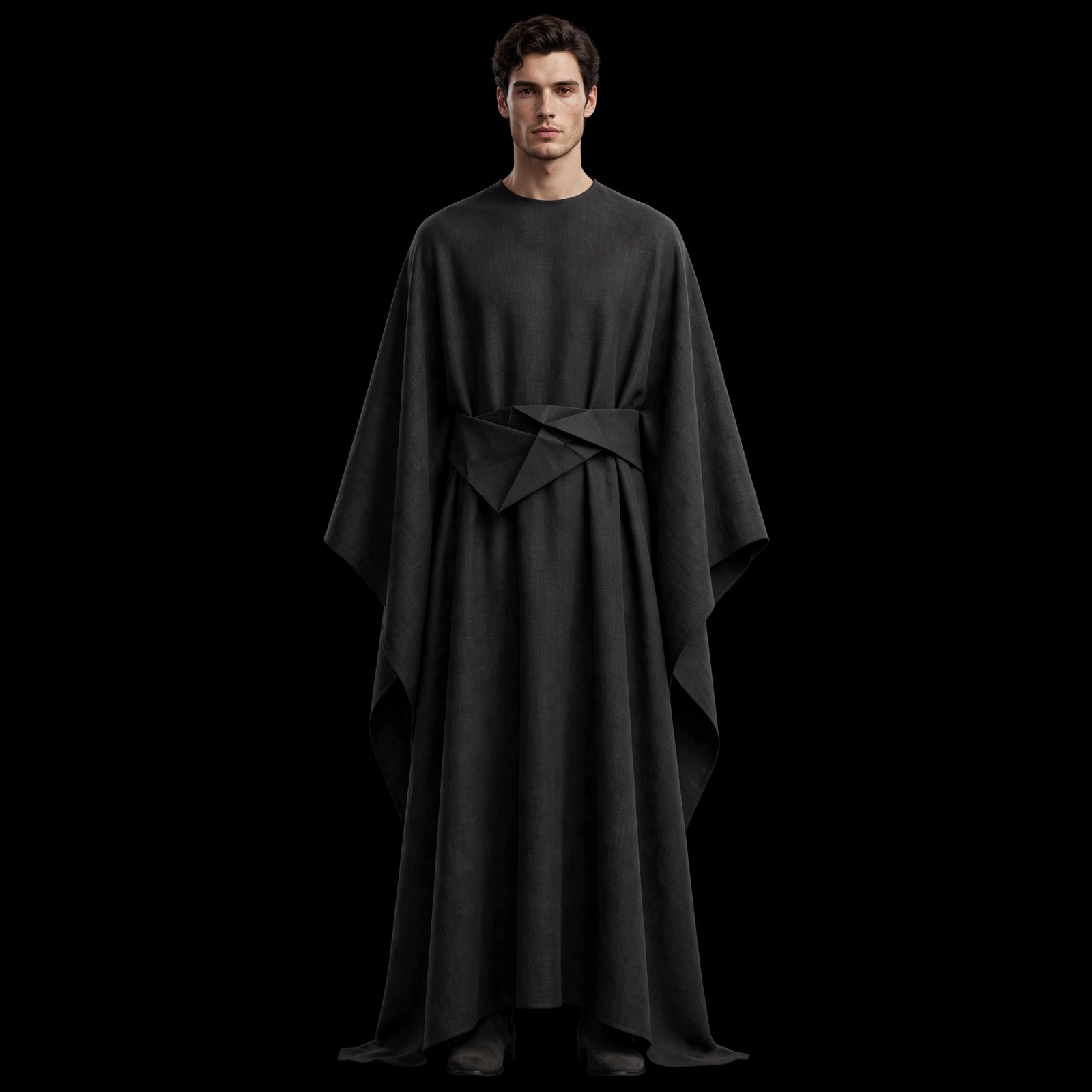 mens jet black origami belt poncho gown geometric fold minimal party