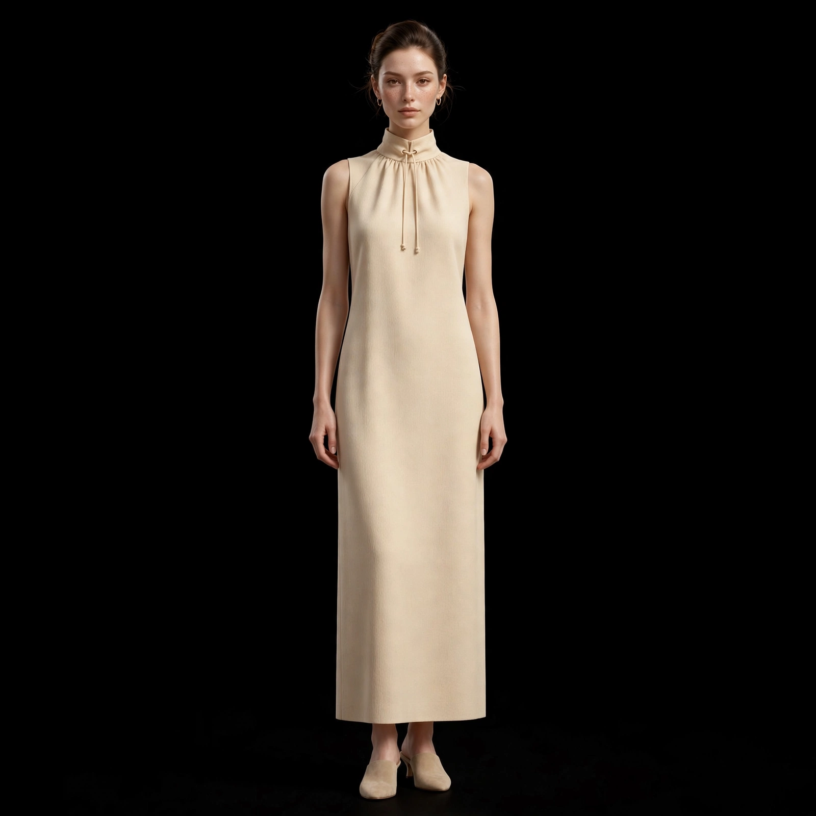 Ivory High Neck Gathered Dress - Minimal Sleeveless Column Edition Mens Luxury Party Wear Thobe Minimal Couture