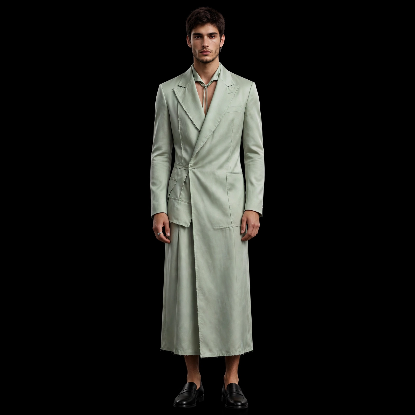 Men's Sage Green Wrap Blazer Gown Frayed