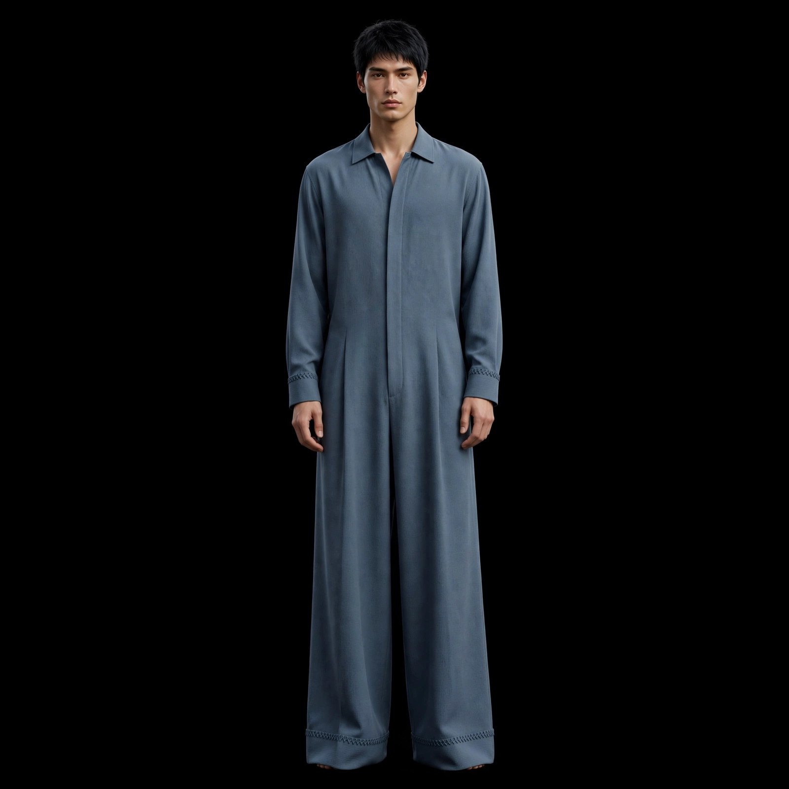 Men's Blue Pleated Wide Leg Jumpsuit Shirt
