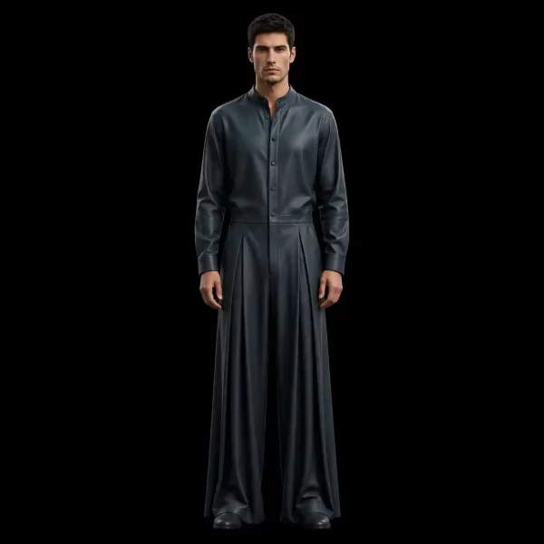 Men's Grey Faux Leather Wide Jumpsuit Party Wear