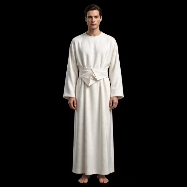 mens pure white origami belt long thobe geometric star fold gown set