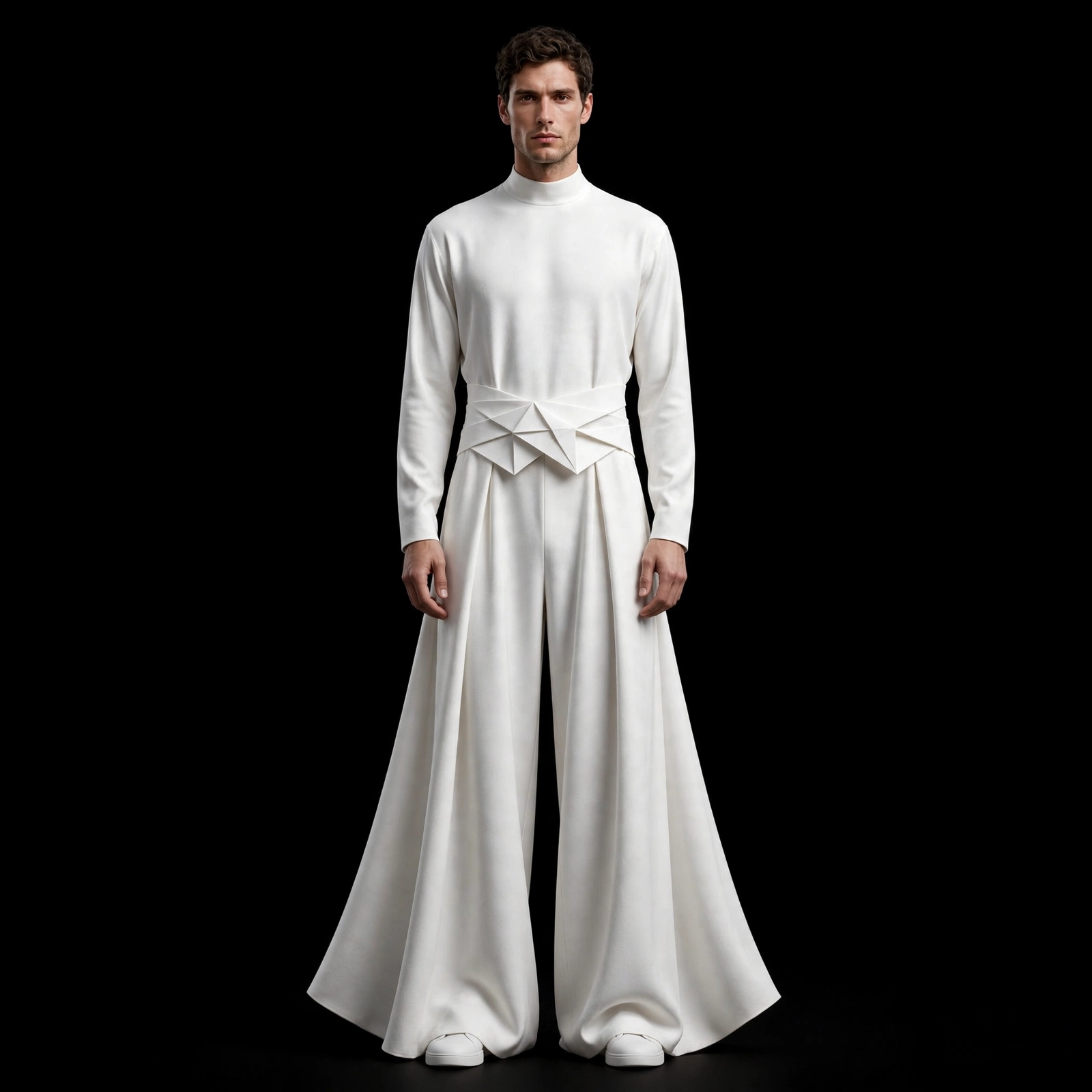 mens optical white origami belt wide flare jumpsuit high mock neck party set