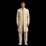 IVORY MANDARIN LONG COAT SET - 6 Button Frayed Edge Long Coat with Trousers - Buy ivory cream Luxury Thobe Online