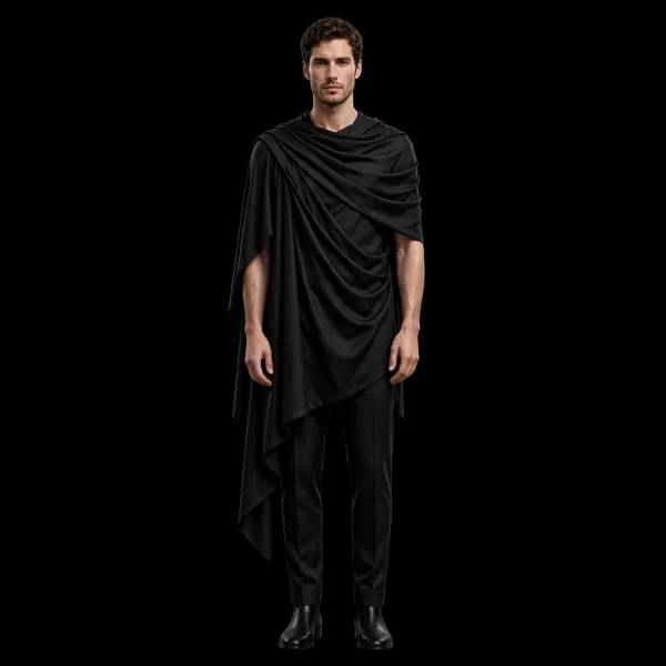 JET BLACK COWL DRAPE THOBE SET - One Shoulder Asymmetric Draped Cape with Trousers - Buy jet black Luxury Thobe Online