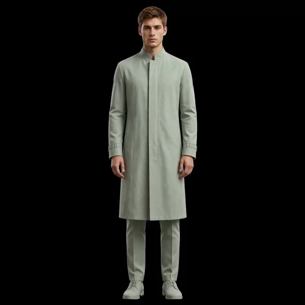 SAGE MINIMAL COAT SET - Hidden Placket Mandarin Long Coat with Stitch Cuff - Buy sage green Luxury Thobe Online
