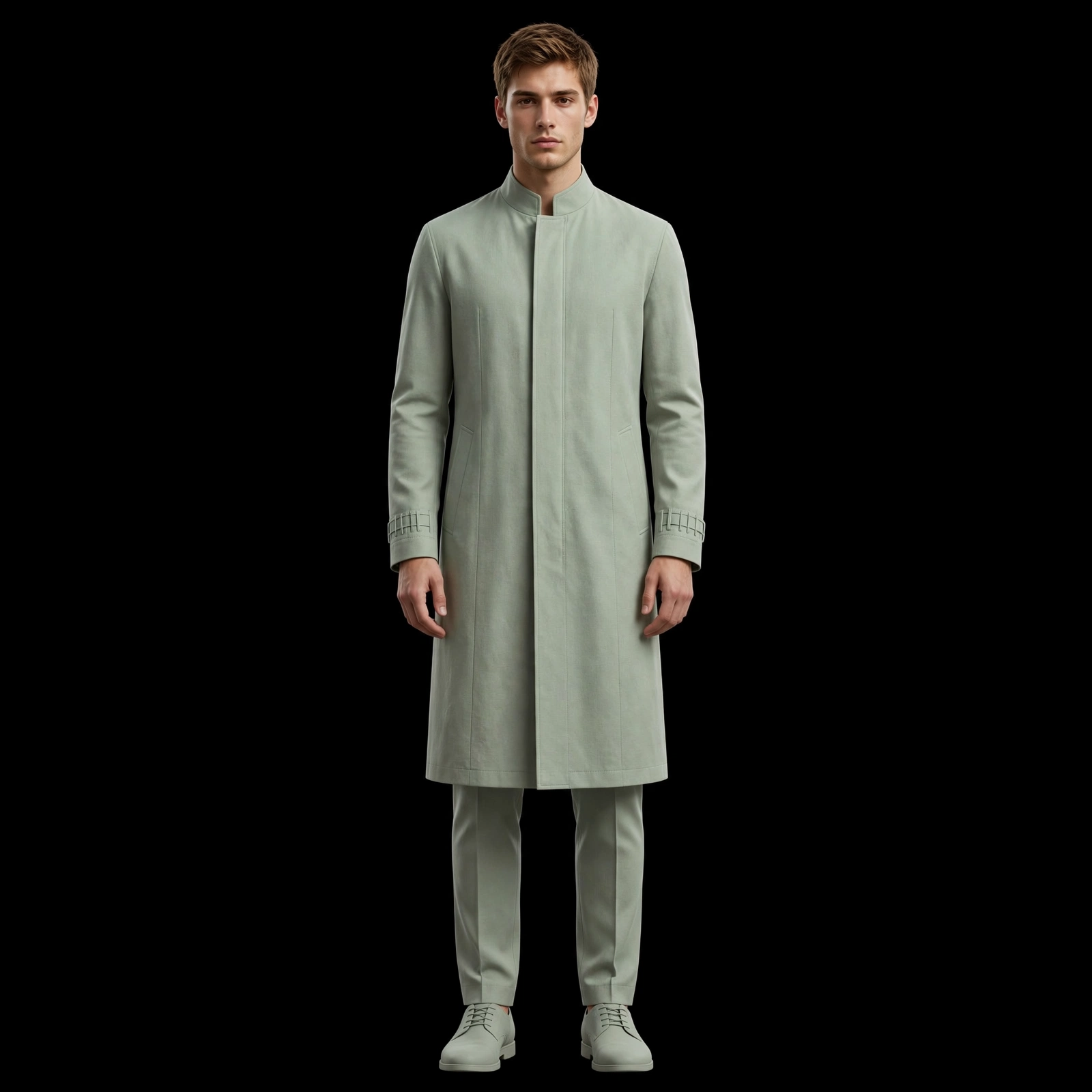 SAGE MINIMAL COAT SET - Hidden Placket Mandarin Long Coat with Stitch Cuff - Buy sage green Luxury Thobe Online