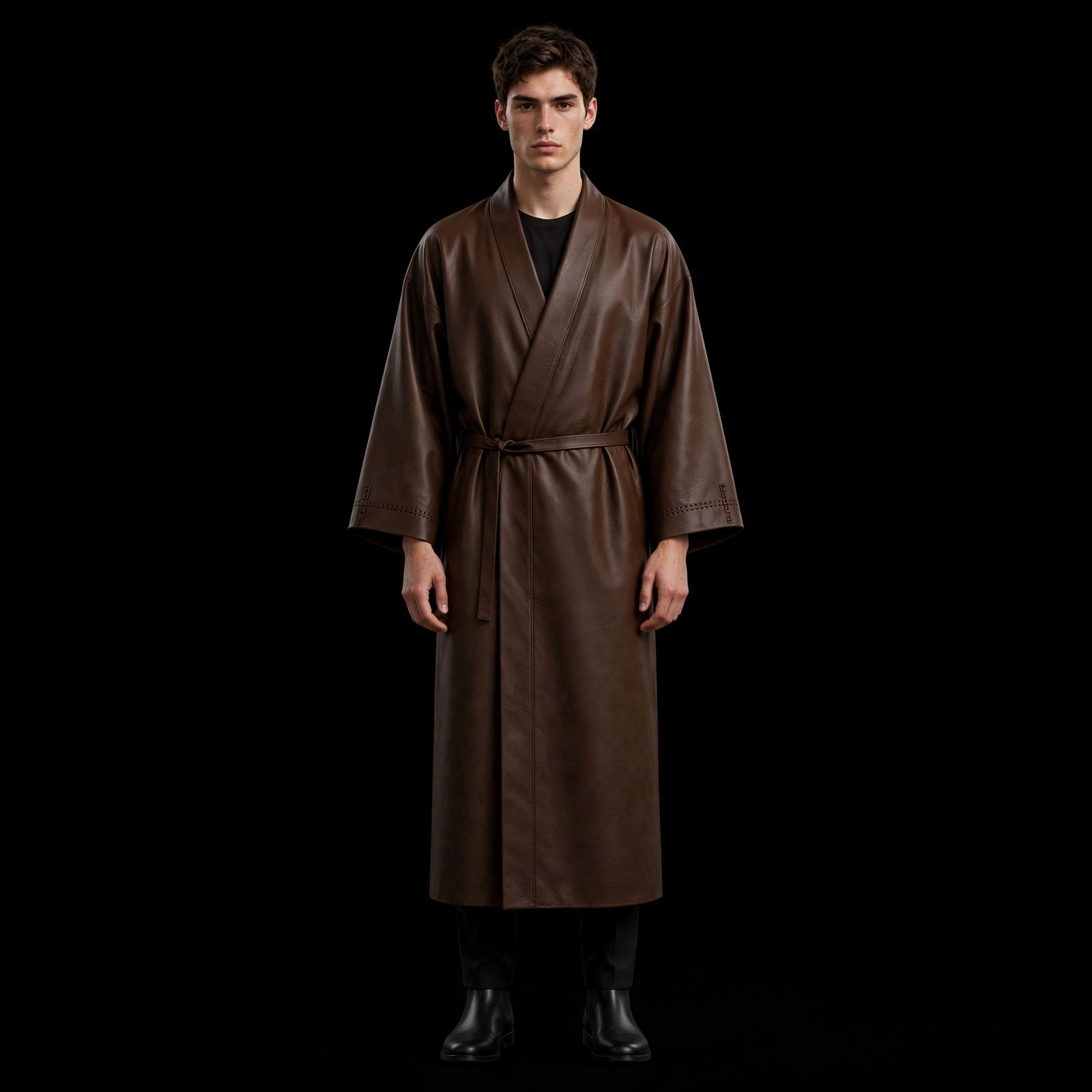 Men's Brown Leather Kimono Robe Wrap