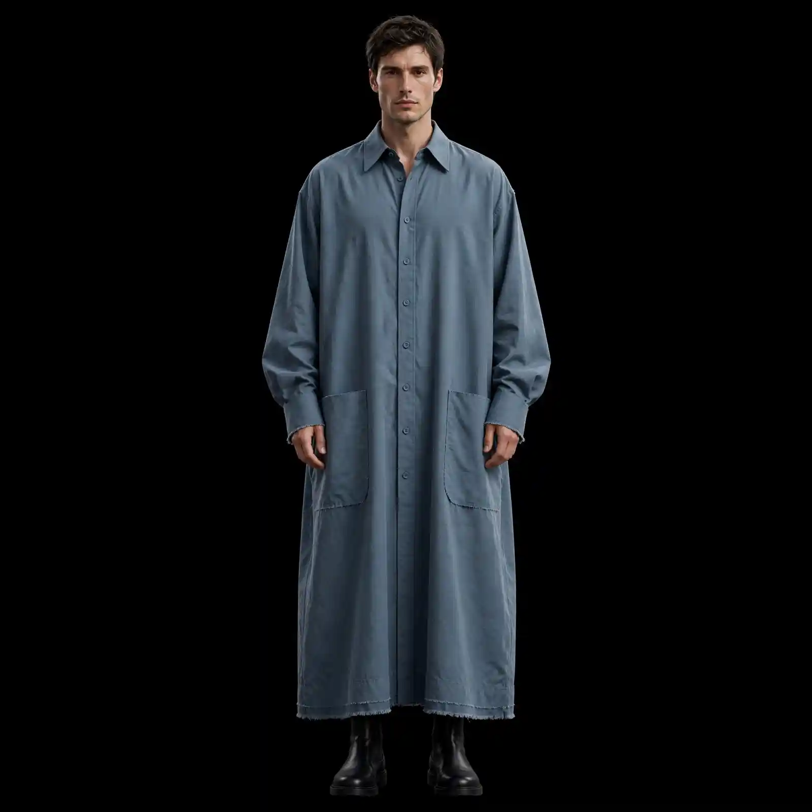 SLATE BLUE DECONSTRUCTED SHIRT THOBE - Oversized Shirt Dress with Patch Pockets - Buy slate blue Luxury Party Thobe Men Online