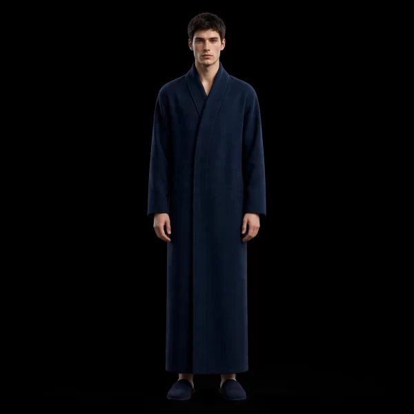 mens midnight navy wrap long coat zen shawl collar groom robe