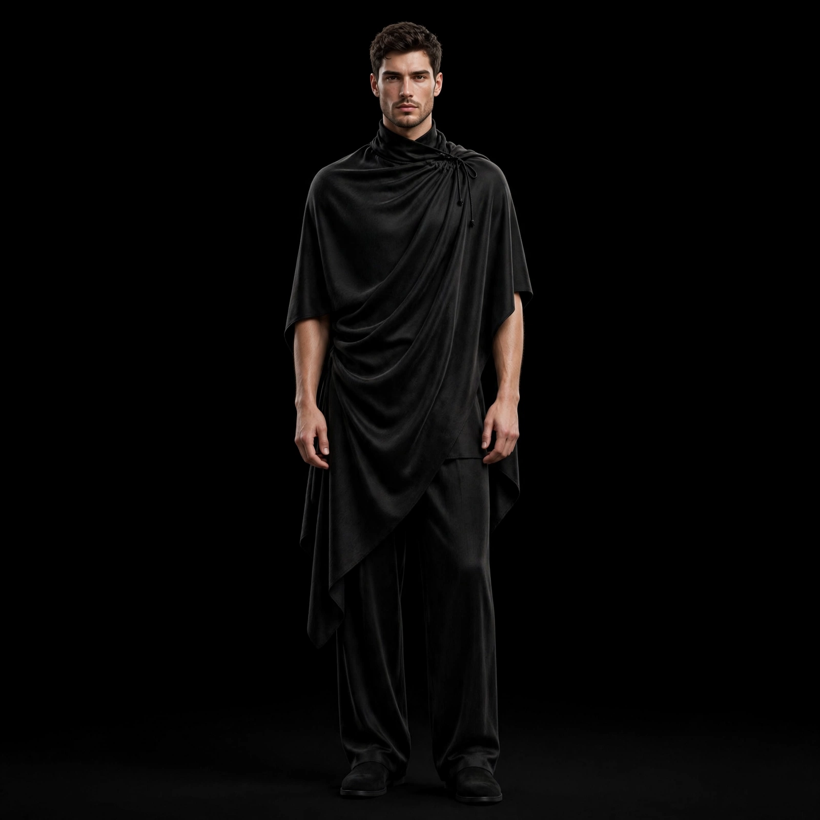 mens noir black draped shawl poncho tied shoulder party set