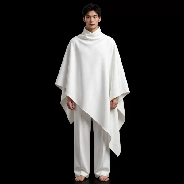 Men's White High Neck Poncho Set Party Wear