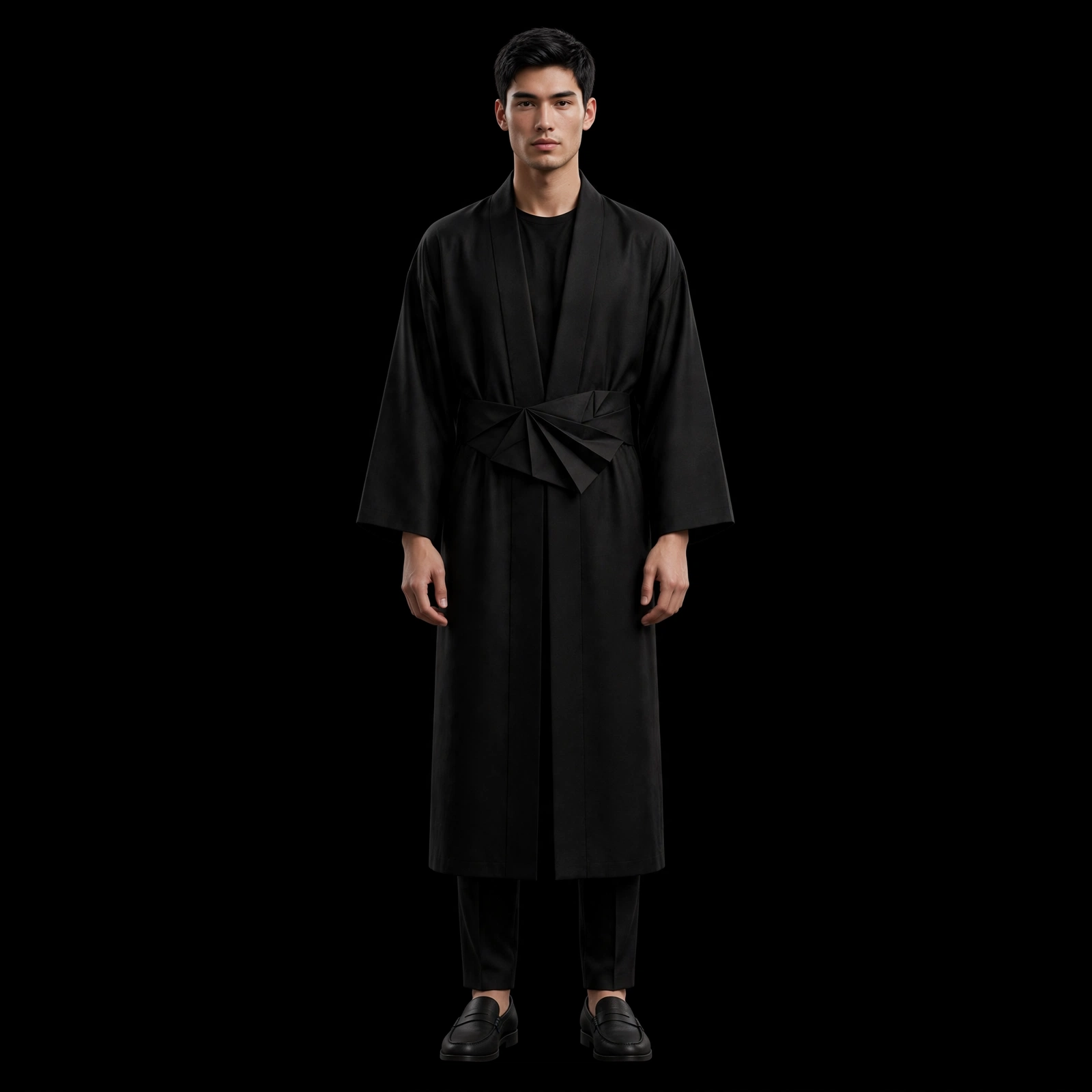 Men's Black Origami Obi Belt Kimono Robe
