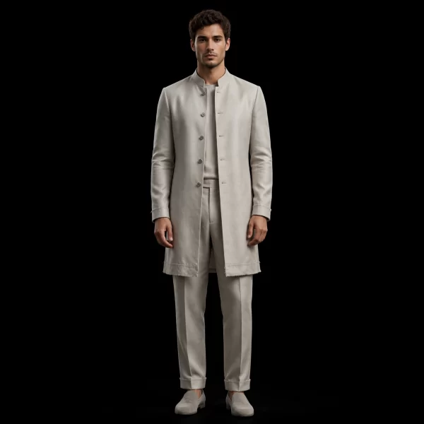 Men's Beige Mandarin Collar Long Coat Set