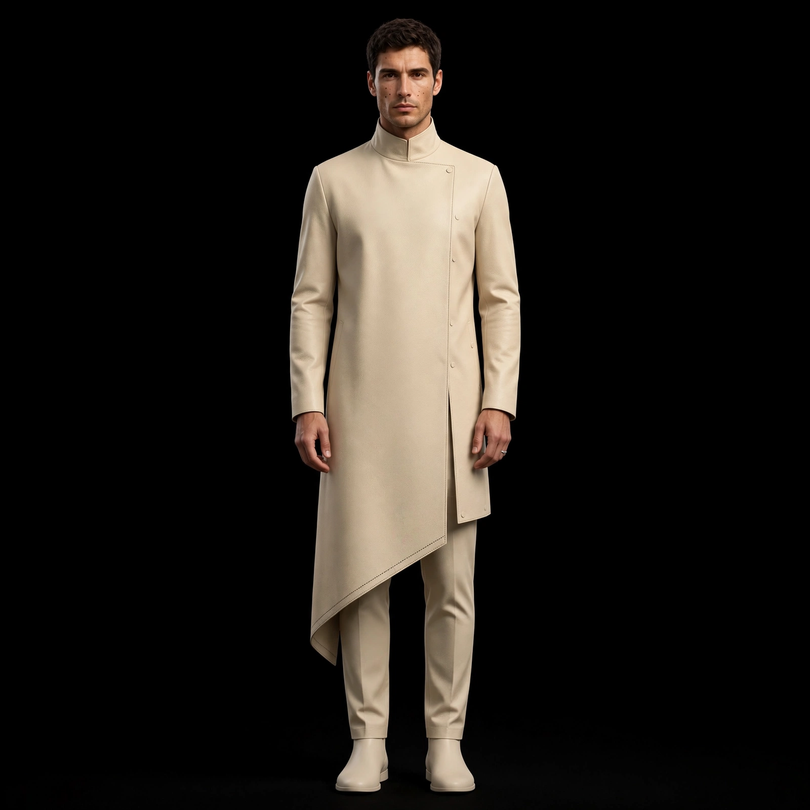 mens beige asymmetric hem long kurta diagonal party set