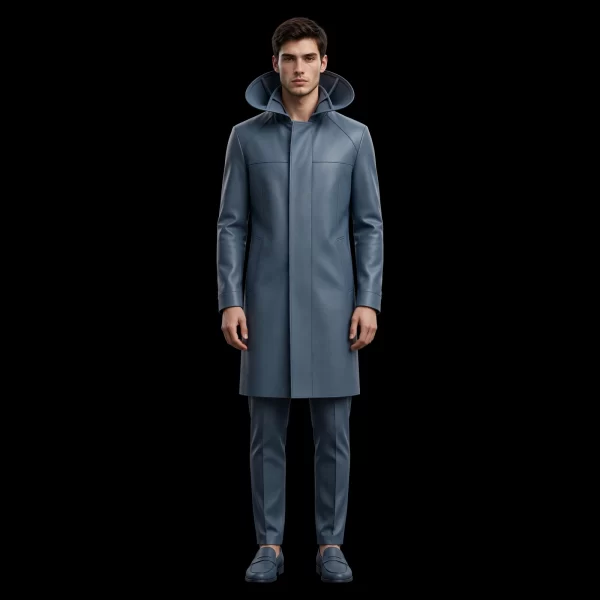 mens slate blue funnel collar leather coat avant garde outerwear set