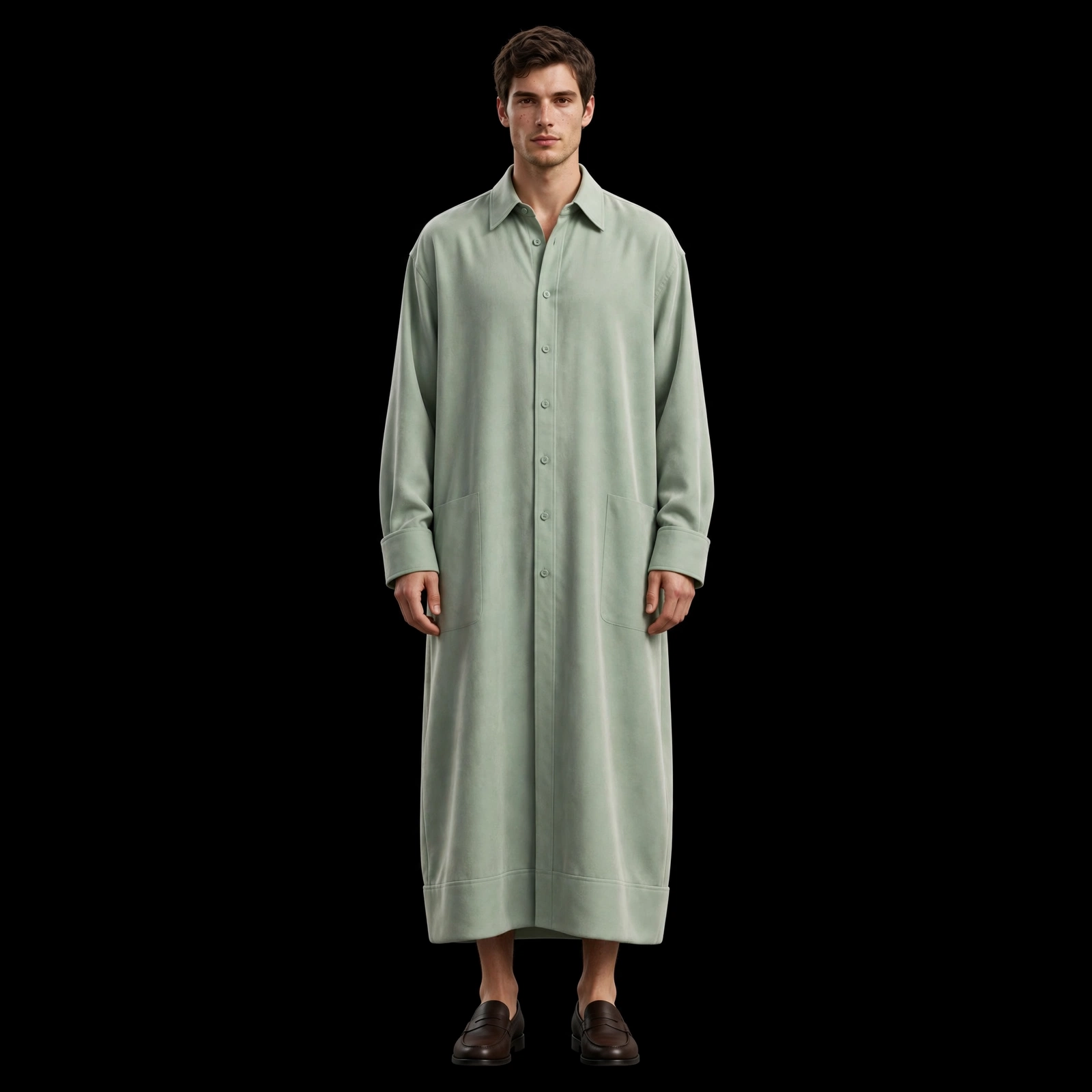 Men's Sage Green Button Shirt Dress Kaftan