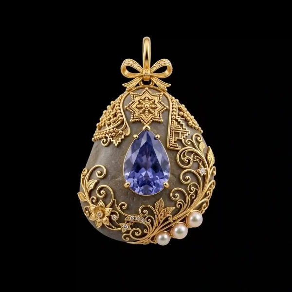 Pebble Tanzanite Pearl Gold Star Filigree Pendant
