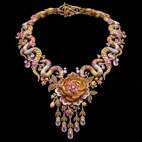The Peony Serpent Pink Sapphire Tricolor Gold Temple Peony Collar Necklace - ExpensiveE Peony Serpent Collection 01/01