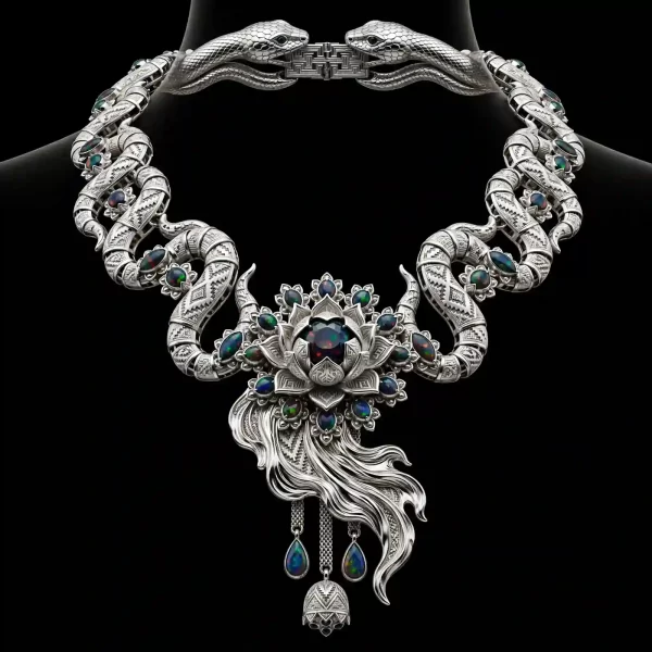 Naga Lotus Serpent Black Opal Platinum Temple Collar Necklace