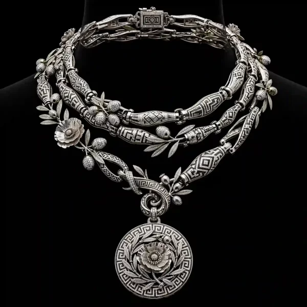 Olive Poppy Greek Mosaic Platinum Diamond Medallion Necklace