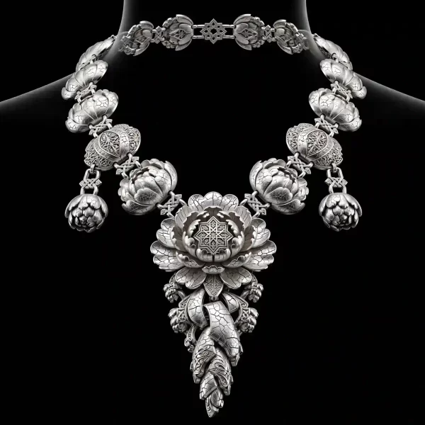 The Platinum Peony Crackle Ceramic Platinum Filigree Temple Star Collar Necklace - ExpensiveE Platinum Peony Collection 01/01