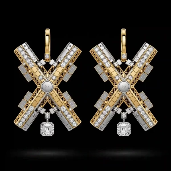 Satellite Station X Gold Diamond Earrings - Gold Platinum X Solar Panel Diamond Asscher Drop