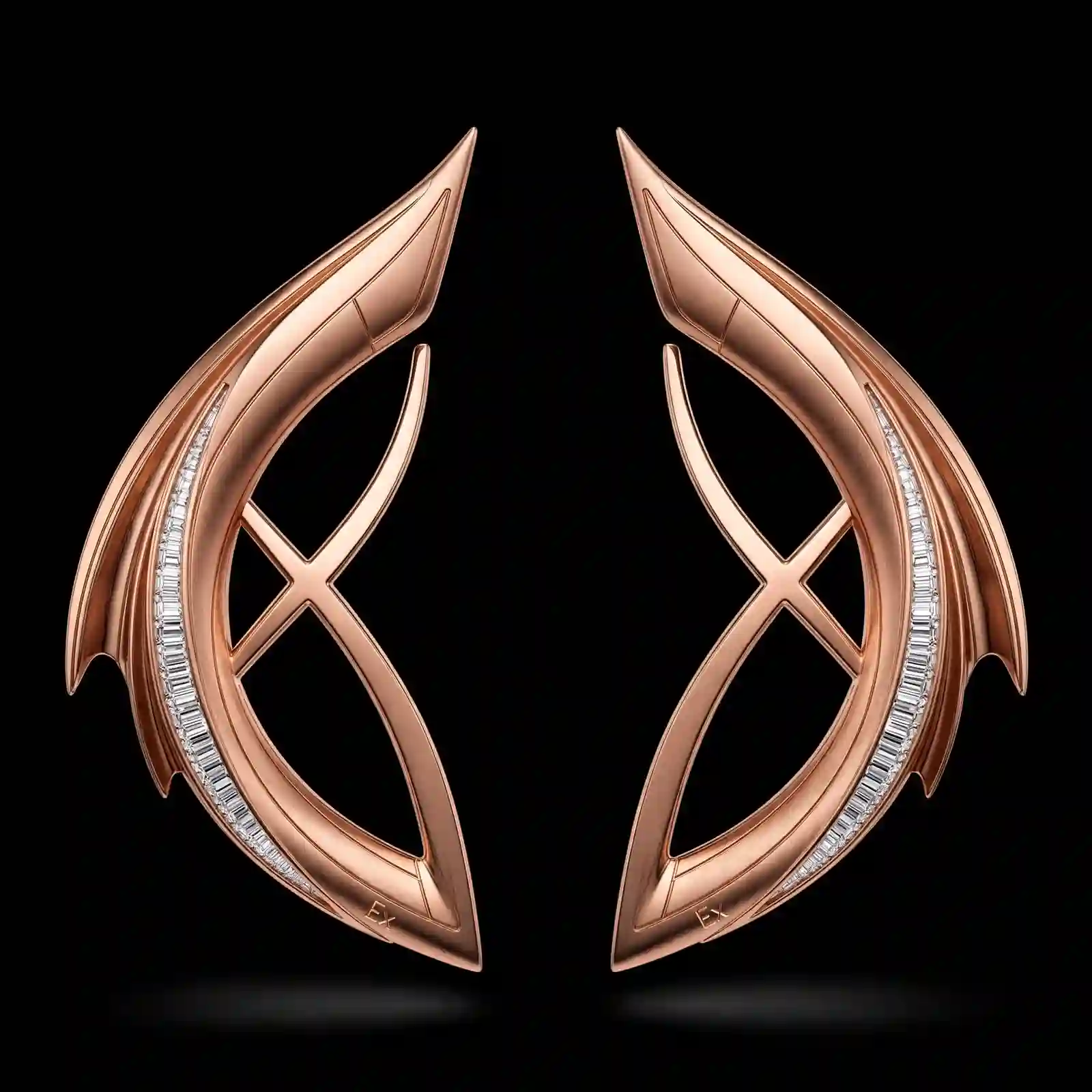 Dragon Wing Rose Gold Diamond Earrings - Rose Gold Dragon Wing X Baguette Diamond