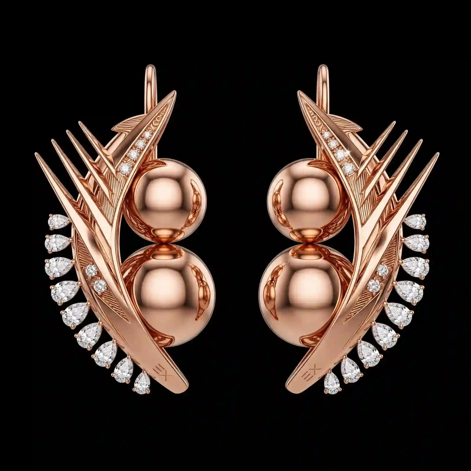 F1 Fin Spike Rose Gold Pear Diamond Meteor Earrings
