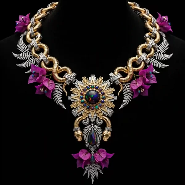 Aztec Sun Opal Serpent Gold Fern Bougainvillea Necklace