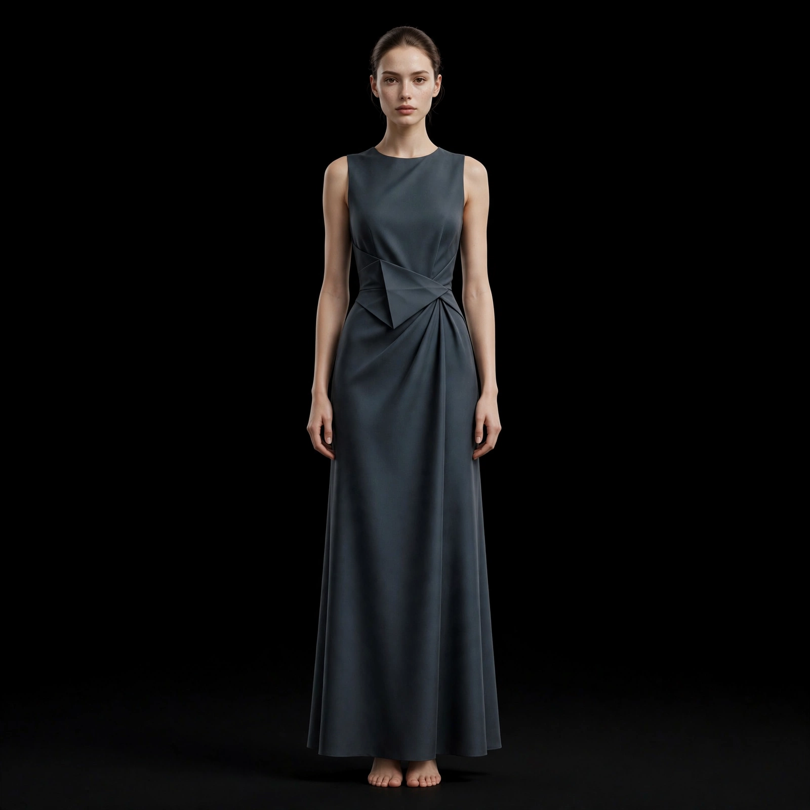 ExpensiveE Slate Grey Origami Fan Pleat Draped Twist Sleeveless Maxi Dress
