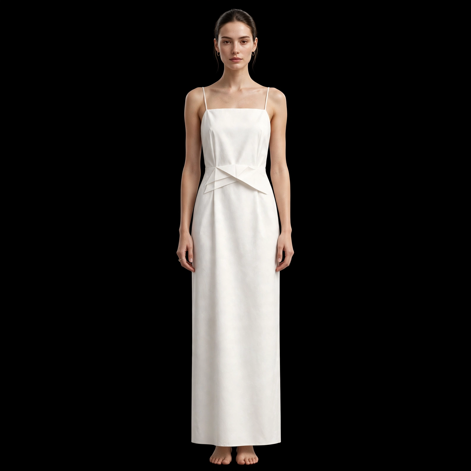 ExpensiveE Ivory White Spaghetti Strap Origami Bow Pleat Draped Maxi Dress