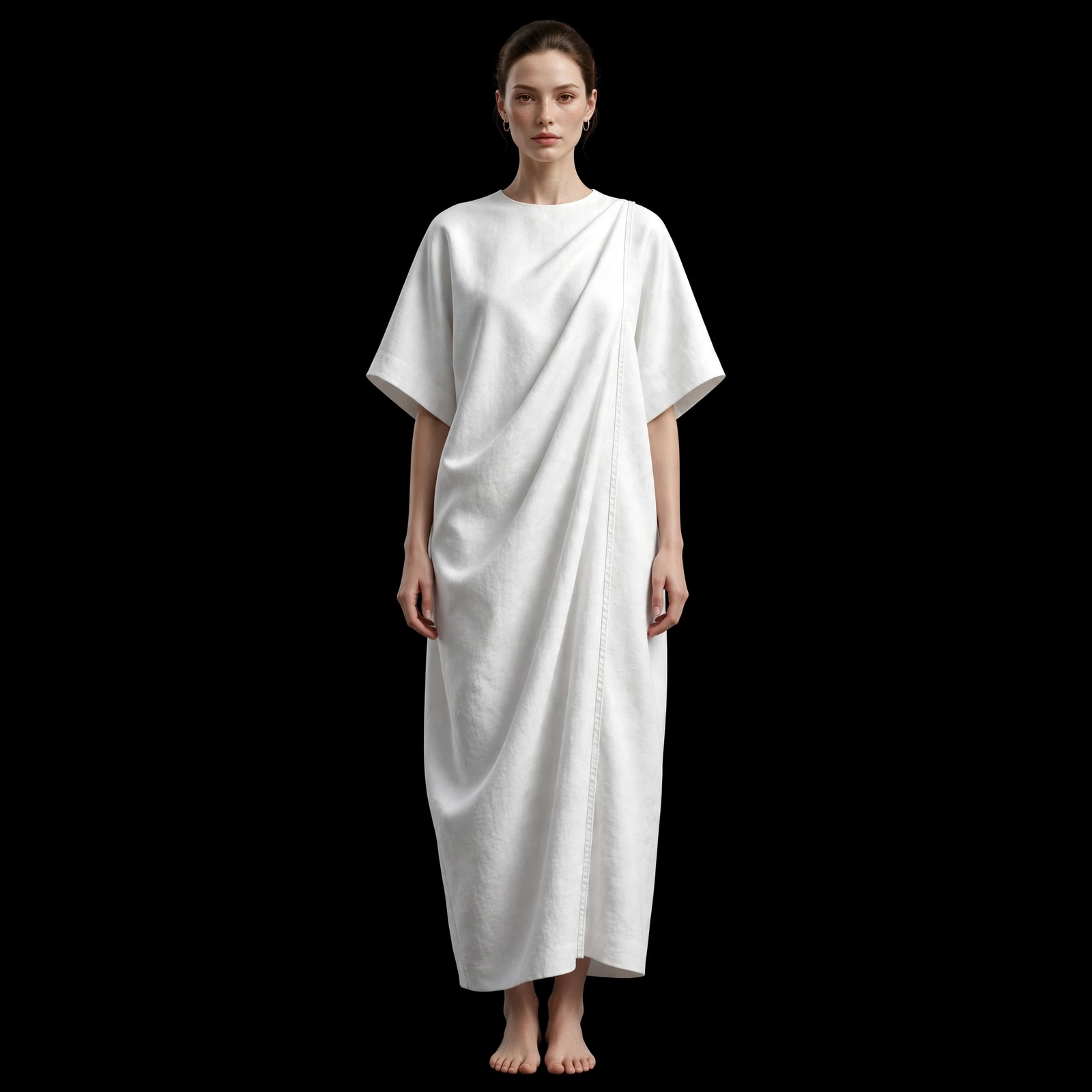 ExpensiveE White Linen Draped Twist Side Wrap Kaftan Midi Dress with Drape