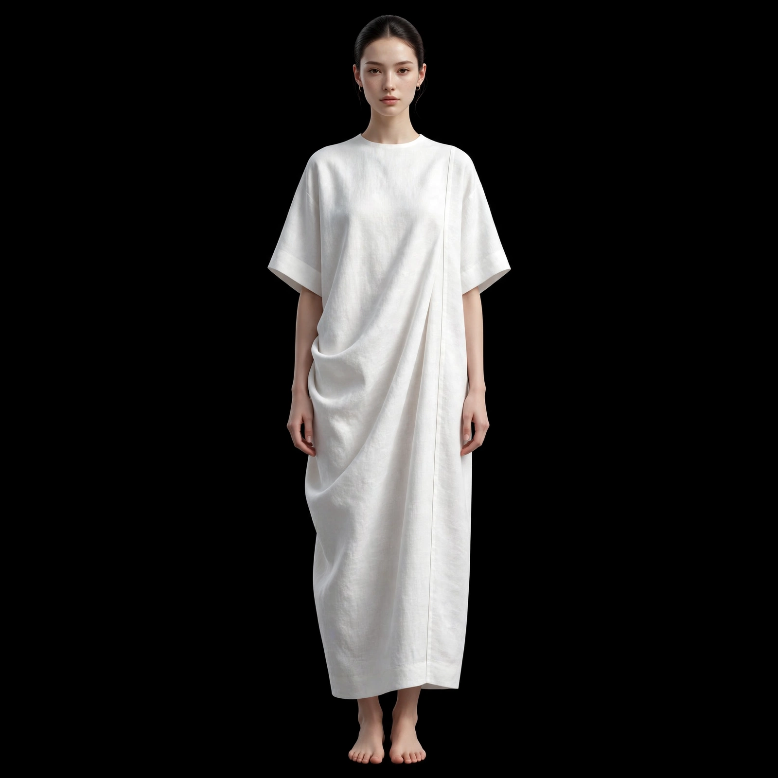 ExpensiveE White Linen Short Sleeve Draped Wrap Midi Dress with Side Tuck
