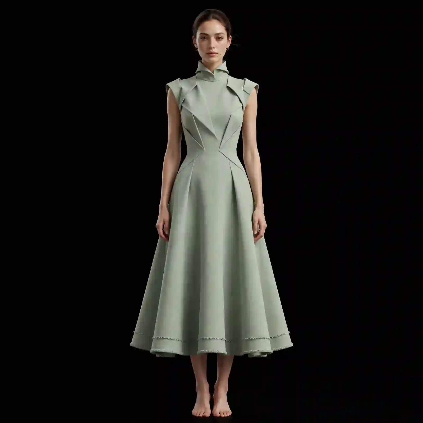 ExpensiveE Sage Mint Origami Star High Collar Structured Fit and Flare Midi Dress