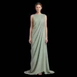 ExpensiveE  Sage Green Wool Draped One Shoulder Grecian Maxi Dress with Train