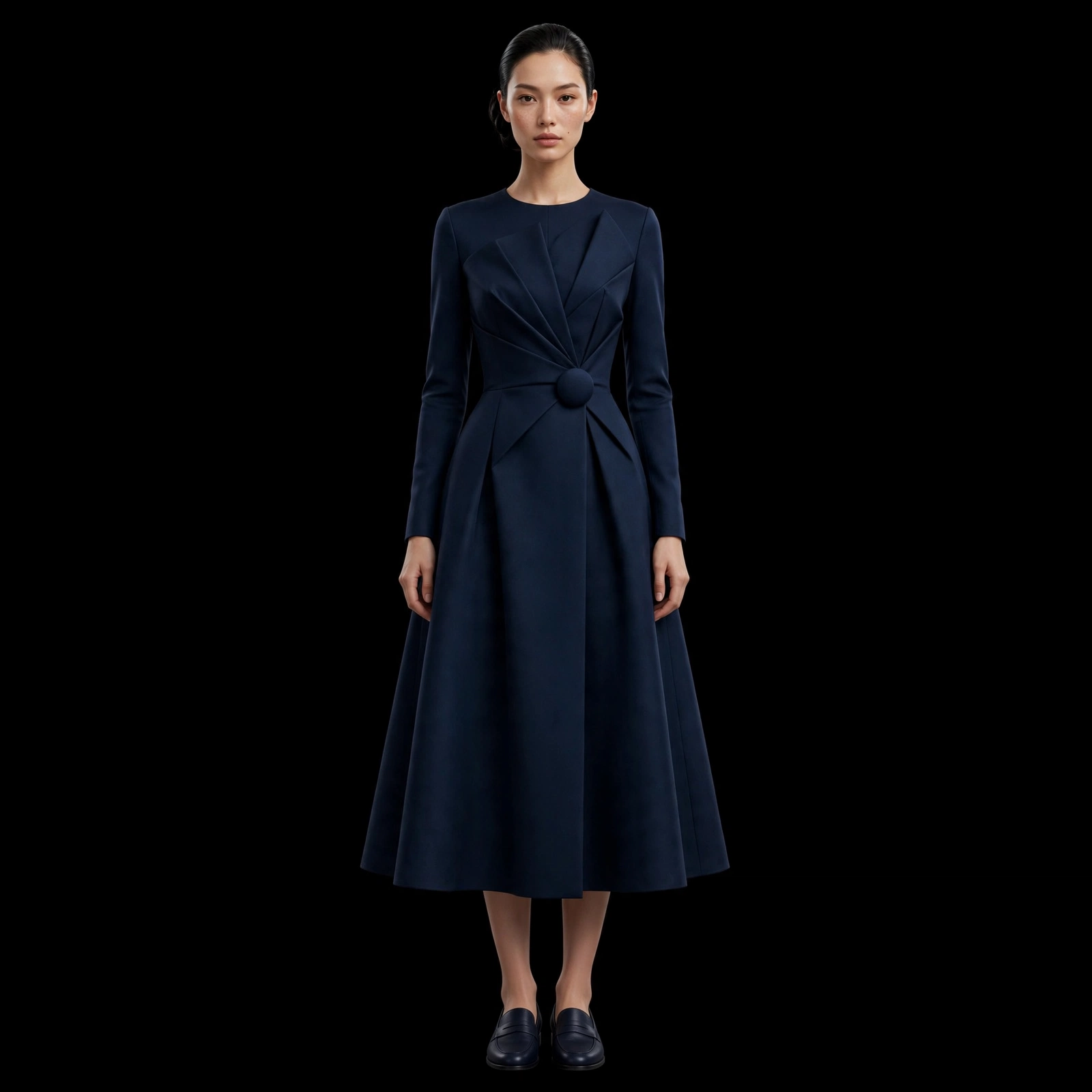 ExpensiveE Midnight Navy Origami Sunburst Button Fit and Flare Midi Dress