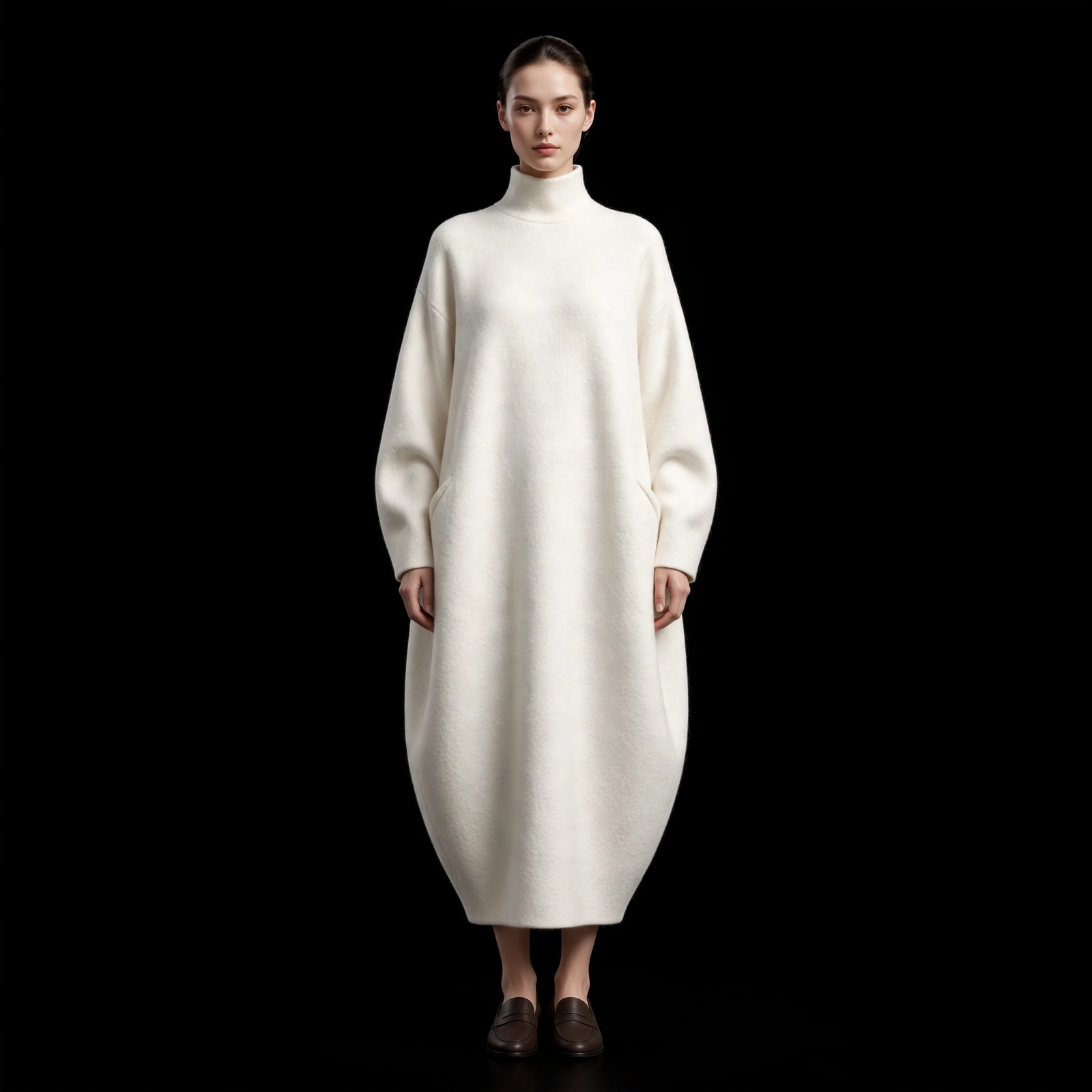 ExpensiveE Ivory White High Neck Cocoon Balloon Pocket Sweater Dress