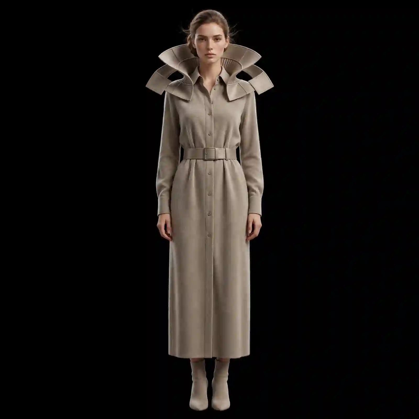 ExpensiveE Taupe Beige Sculptural Fan Collar Belted Shirt Maxi Dress