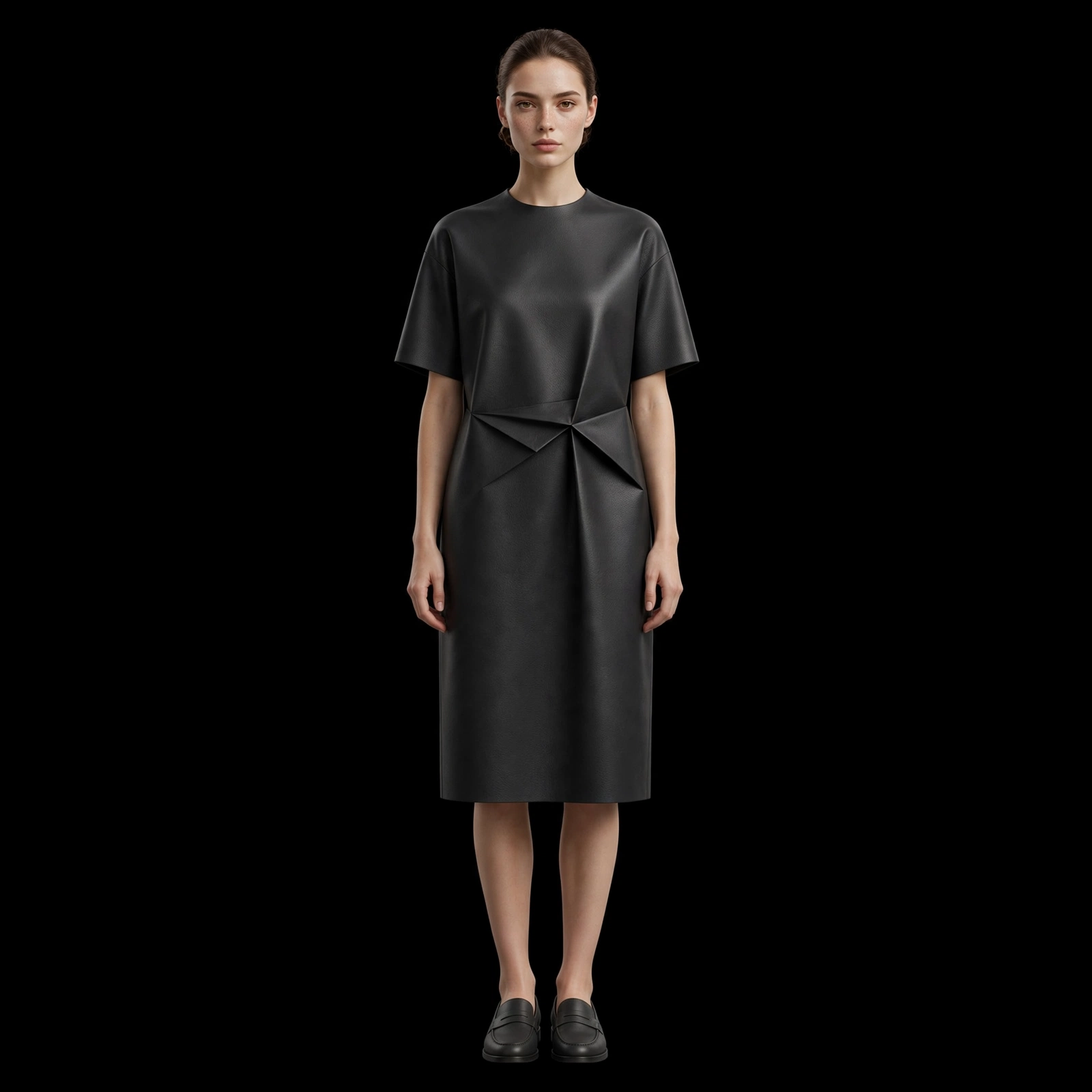 ExpensiveE Black Leather Origami Star Twist Pleat Short Sleeve Midi Dress with Loafer