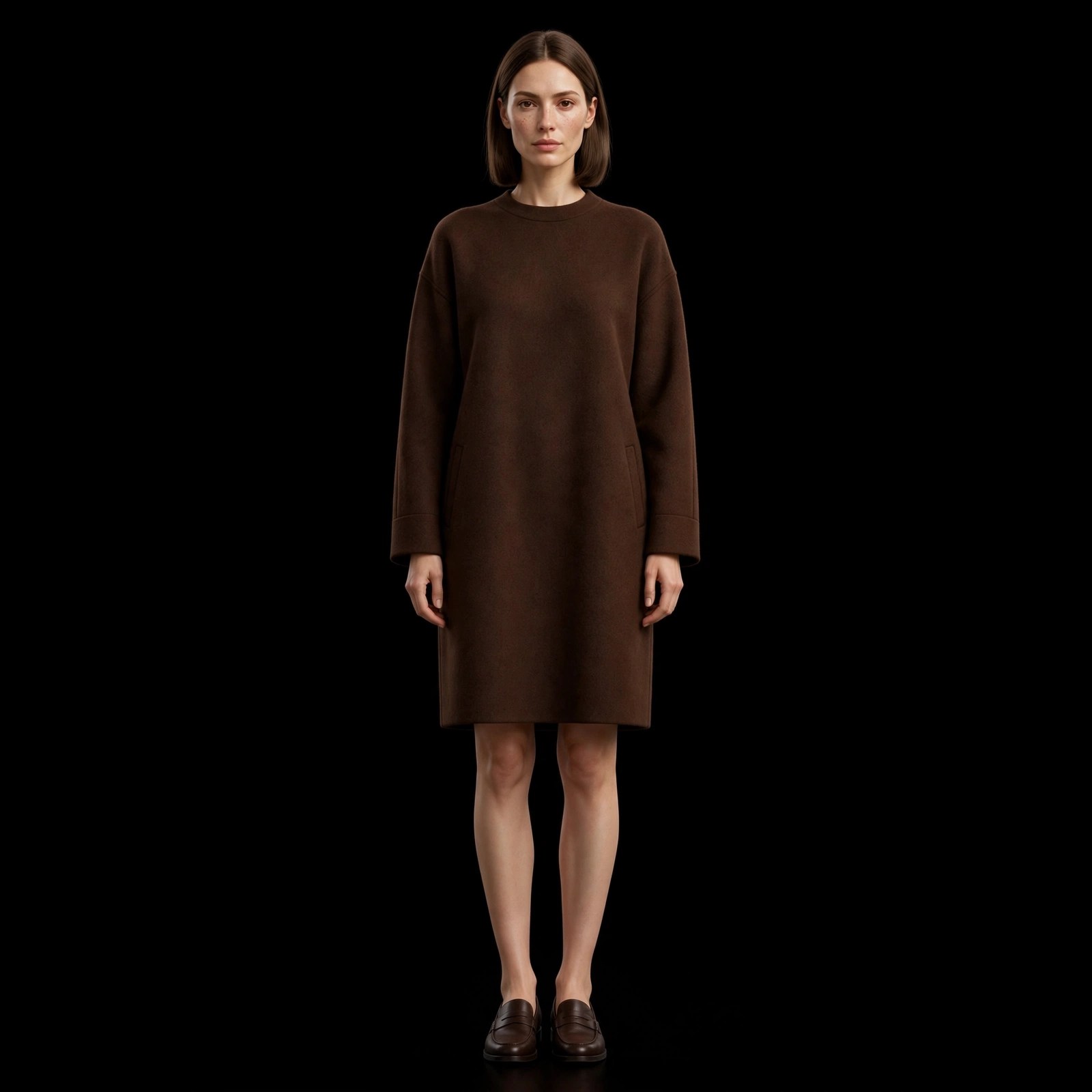 ExpensiveE Chocolate Brown Wool Long Sleeve Shift Knee Midi Dress with Pockets and Loafer